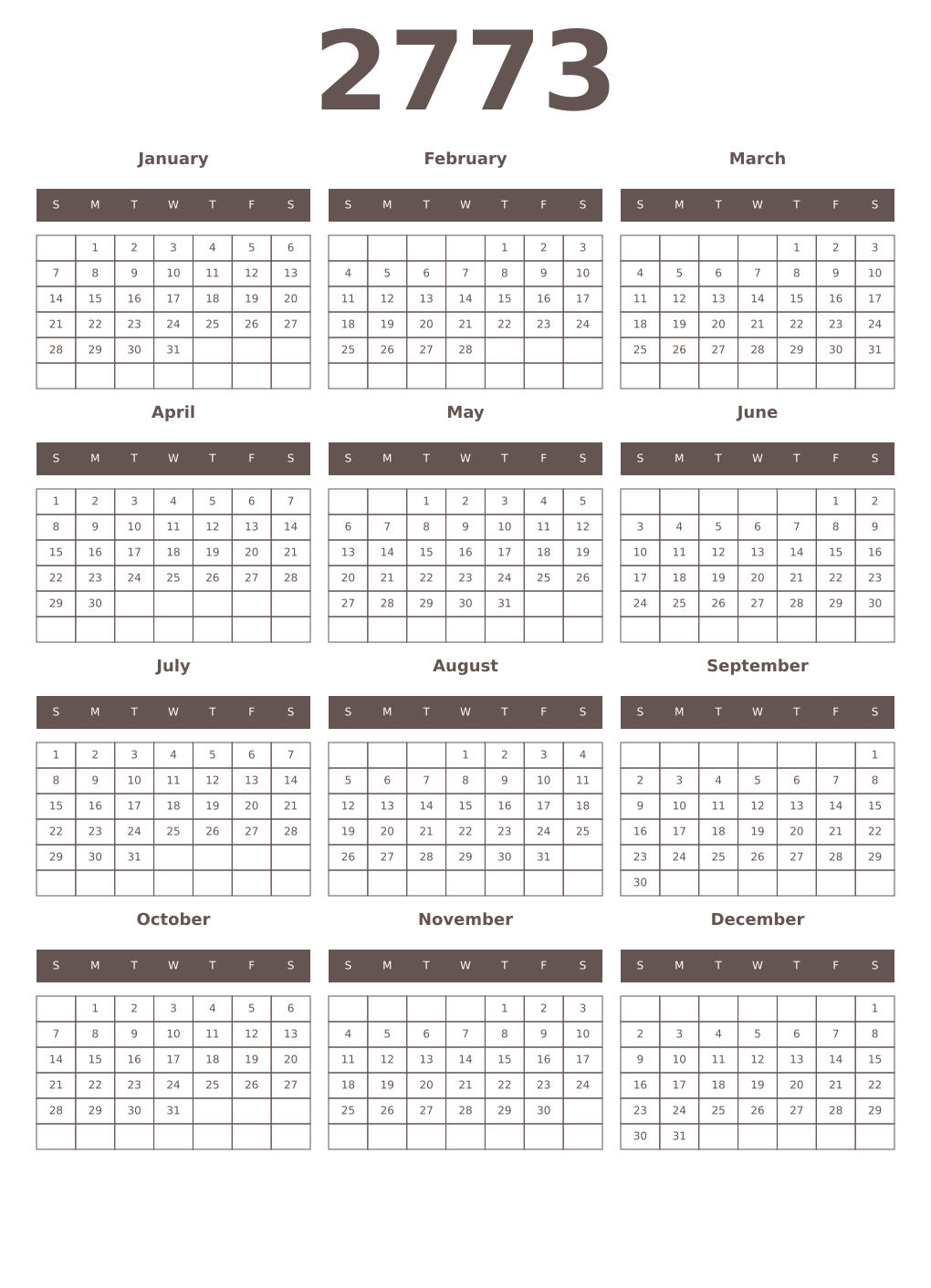 Printable 2773 Year Calendars wenge