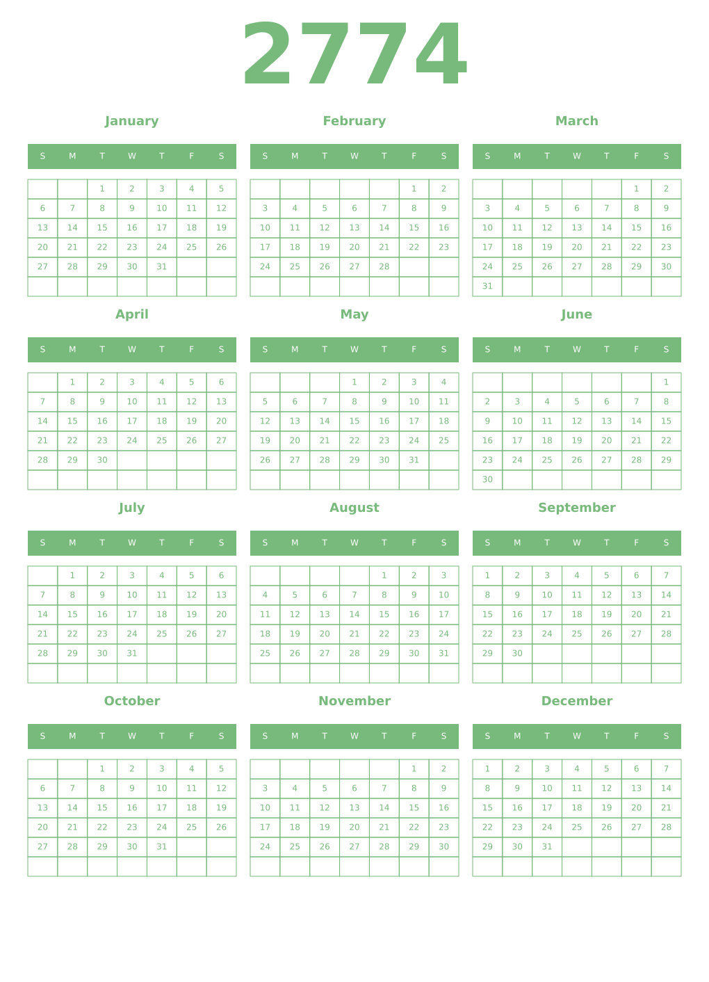 Printable 2774 Year Calendars celadon