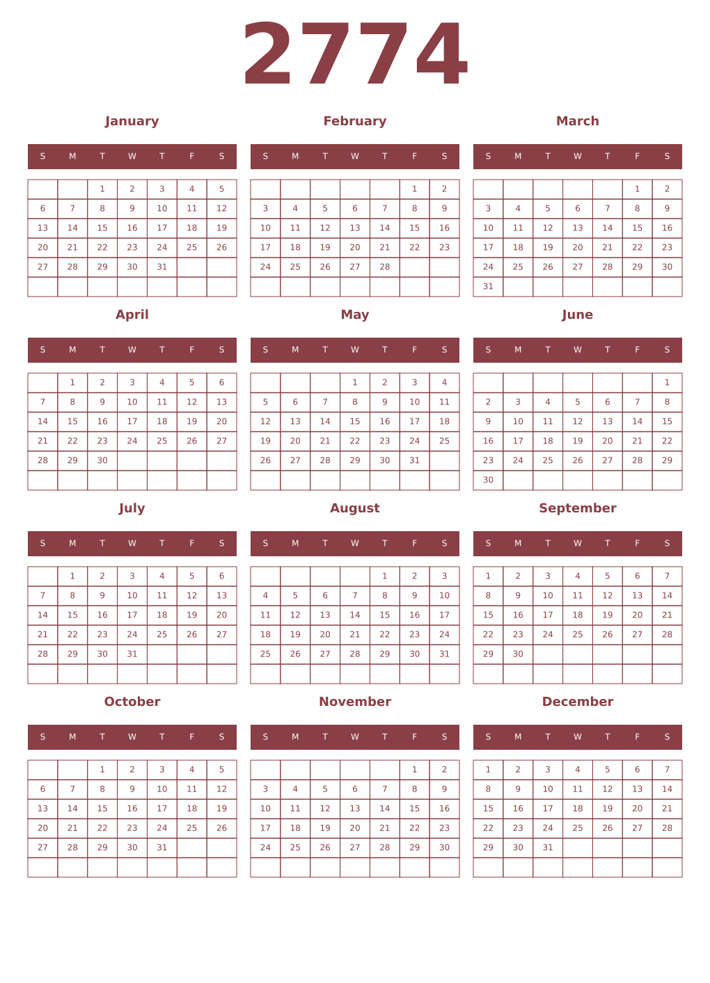 Printable 2774 Year Calendars cordovan