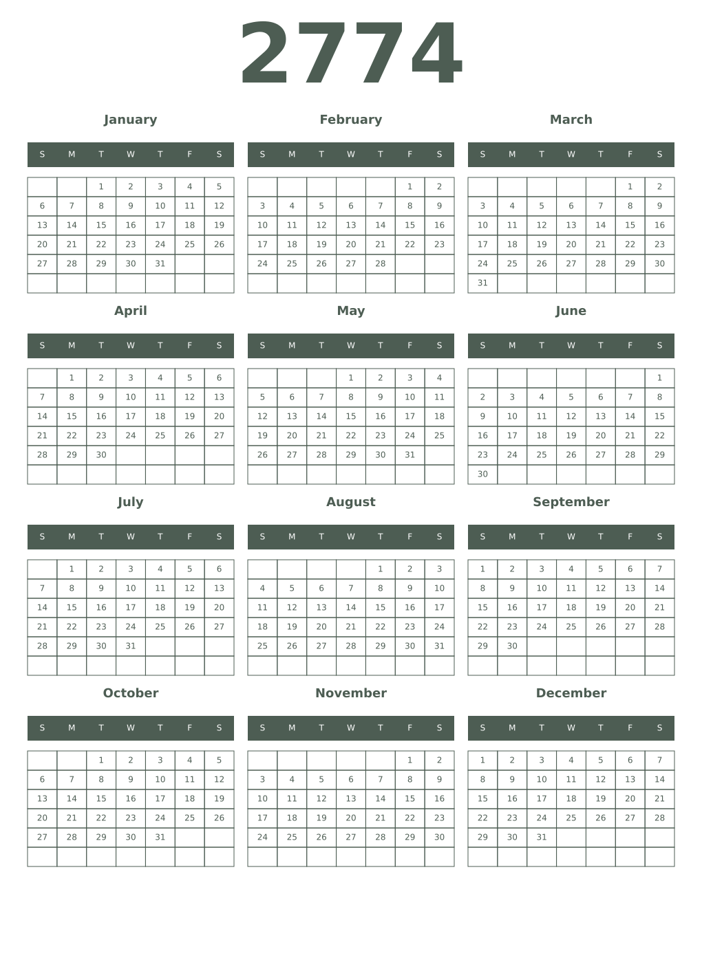 Printable 2774 Year Calendars feldgrau