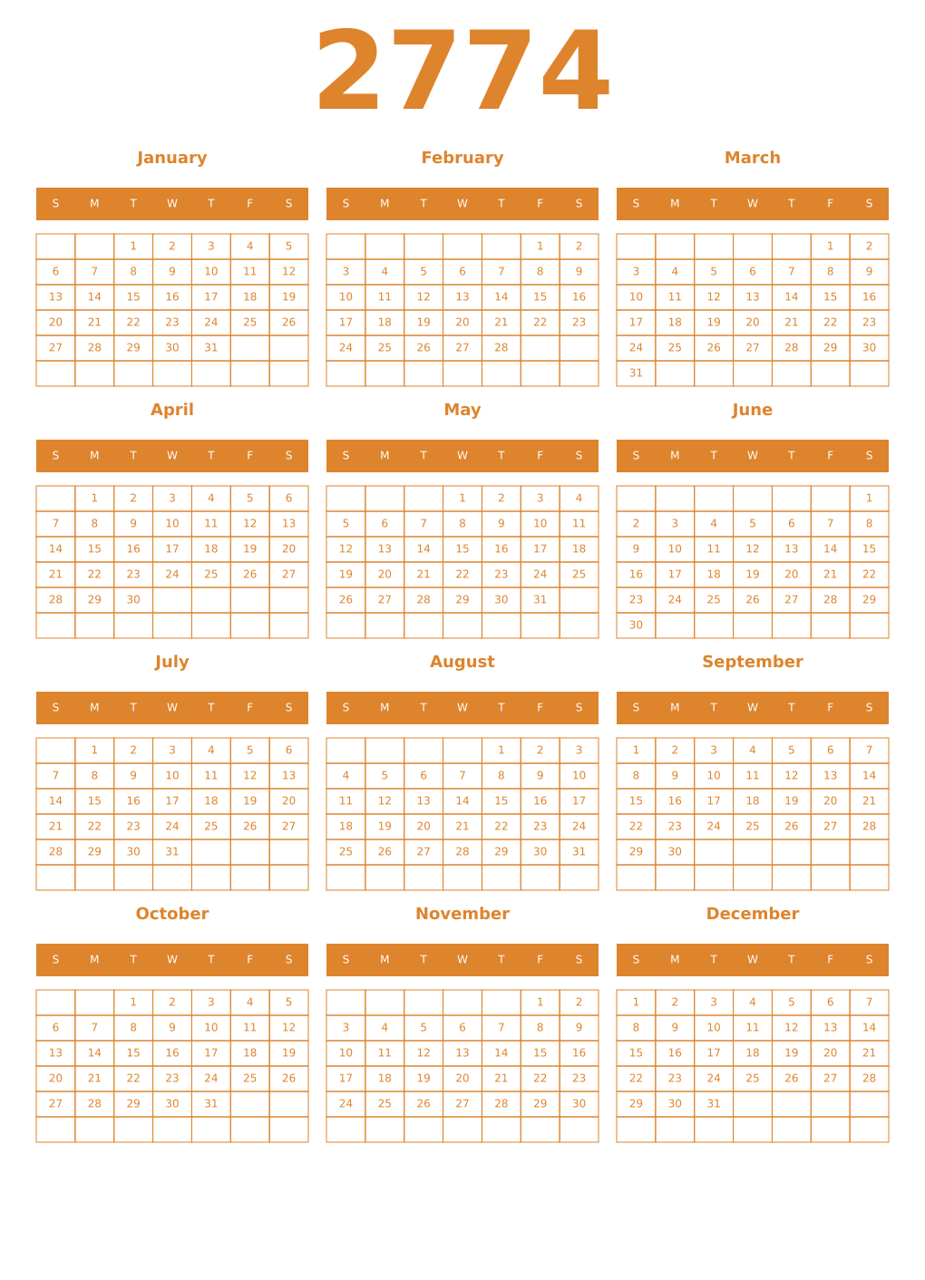 Printable 2774 Year Calendars orange
