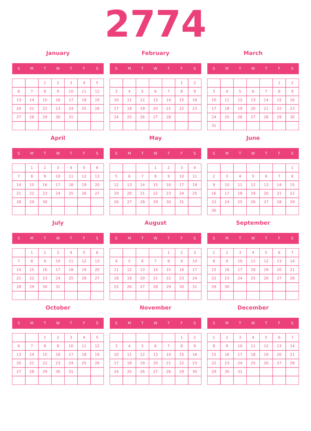 Printable 2774 Year Calendars pink