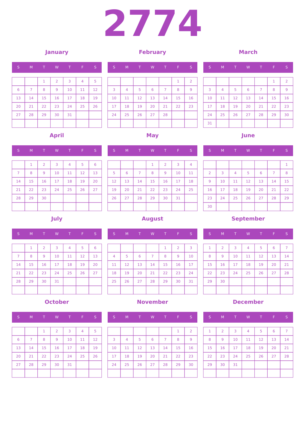 Printable 2774 Year Calendars purple