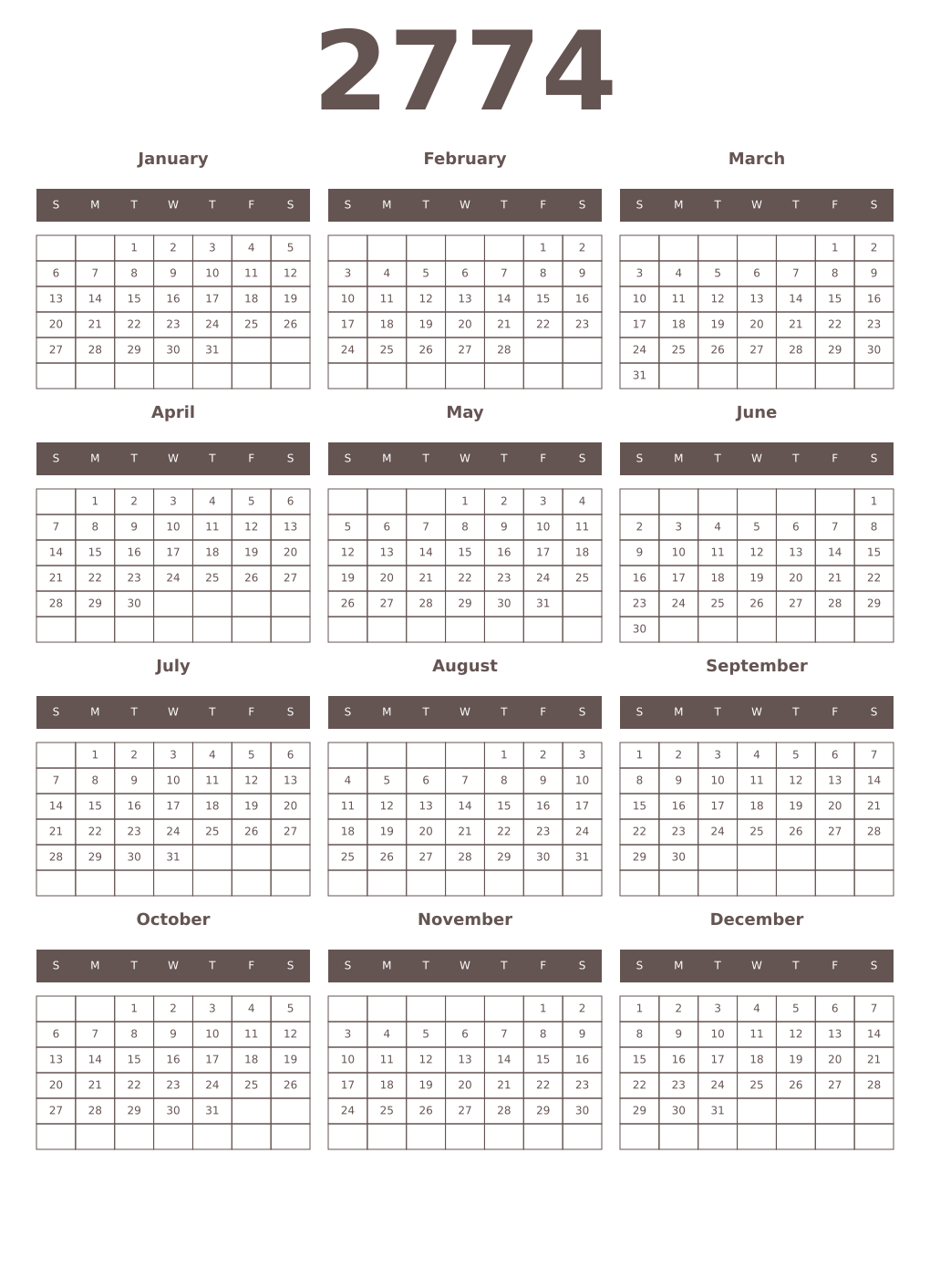 Printable 2774 Year Calendars wenge