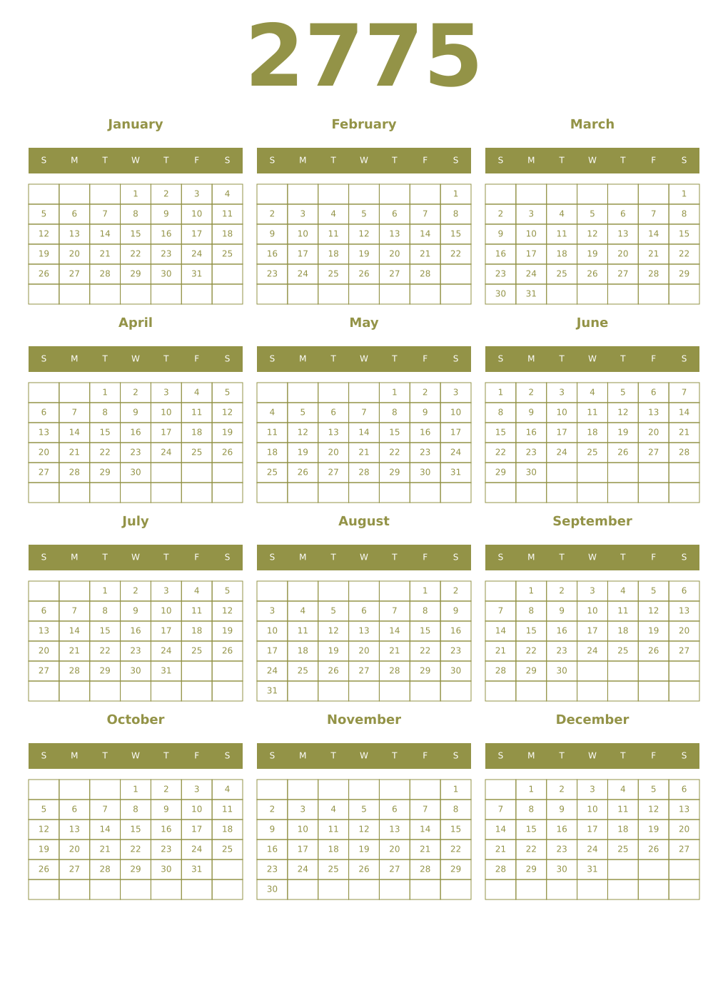 Printable 2775 Year Calendars eburnean