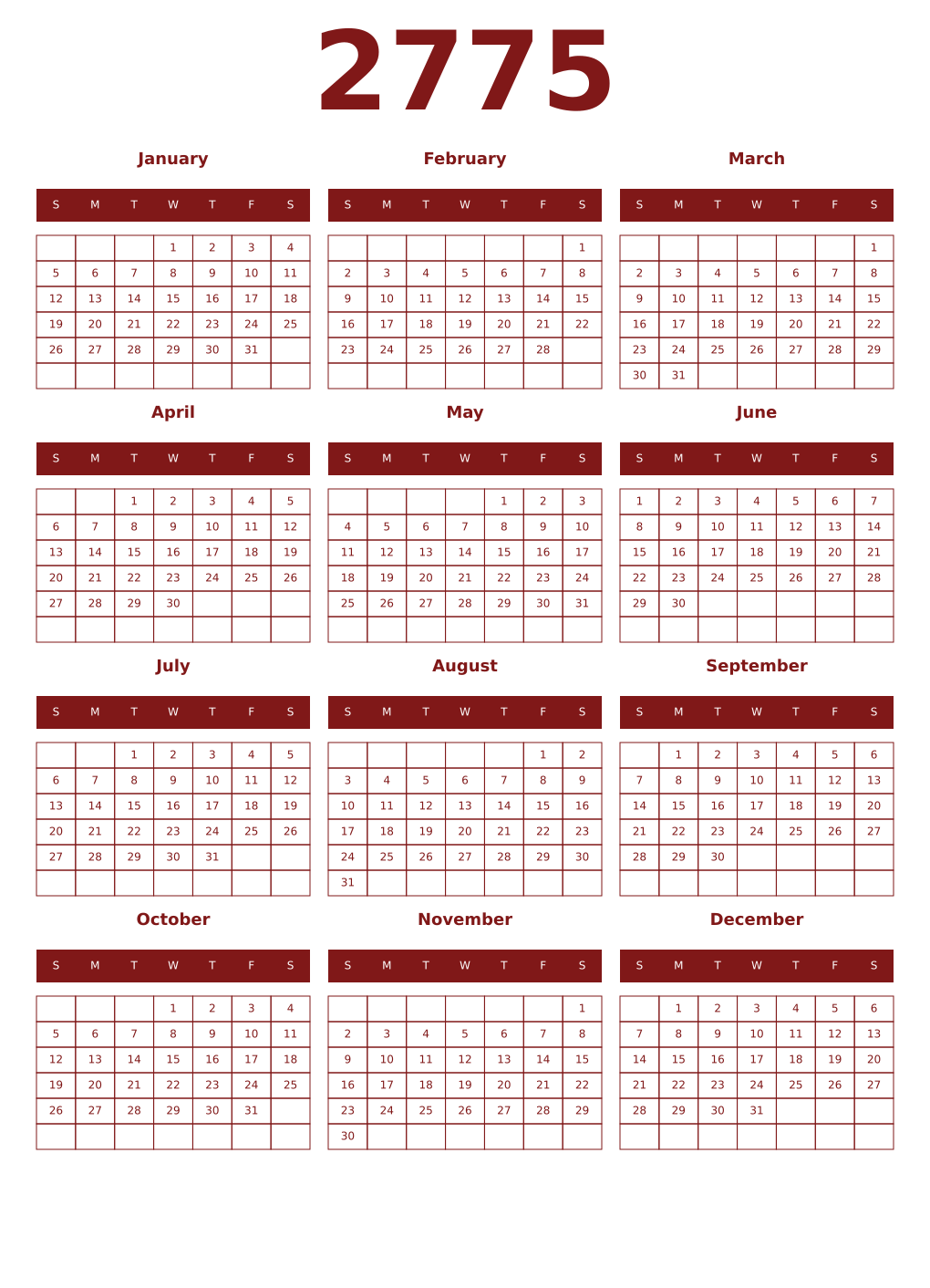 Printable 2775 Year Calendars falu