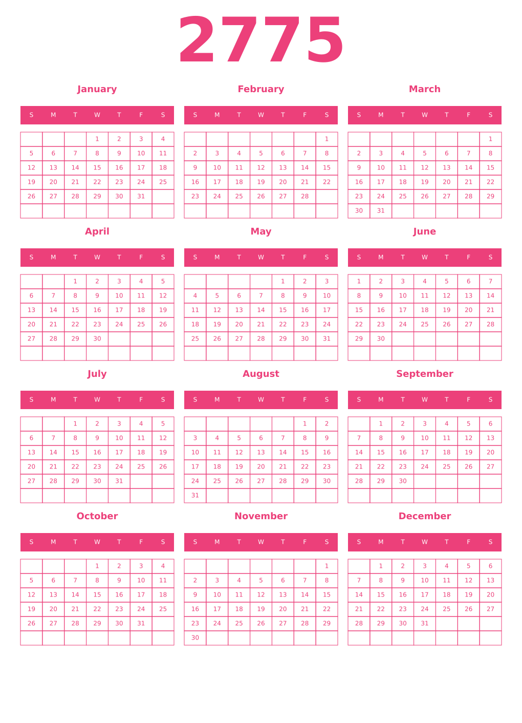 Printable 2775 Year Calendars pink
