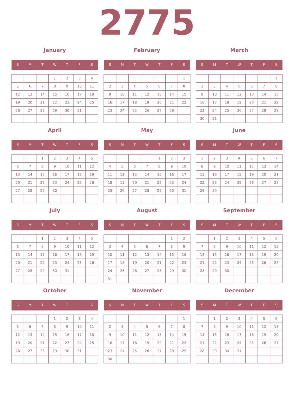 Printable 2775 Year Calendars puce