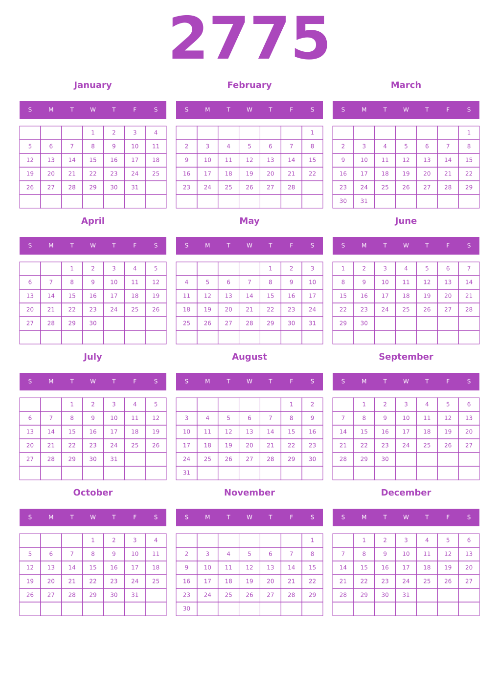 Printable 2775 Year Calendars purple