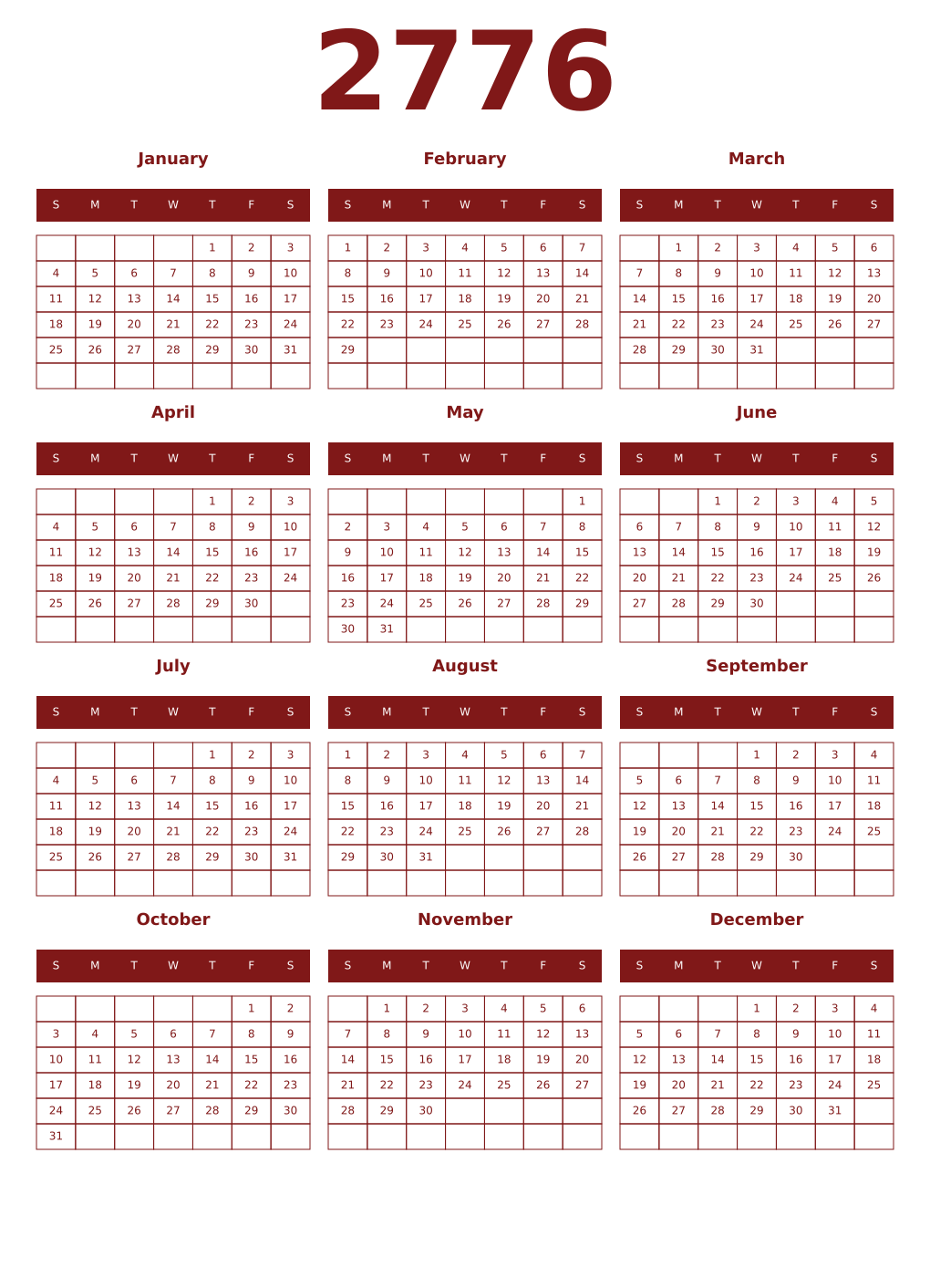Printable 2776 Year Calendars falu