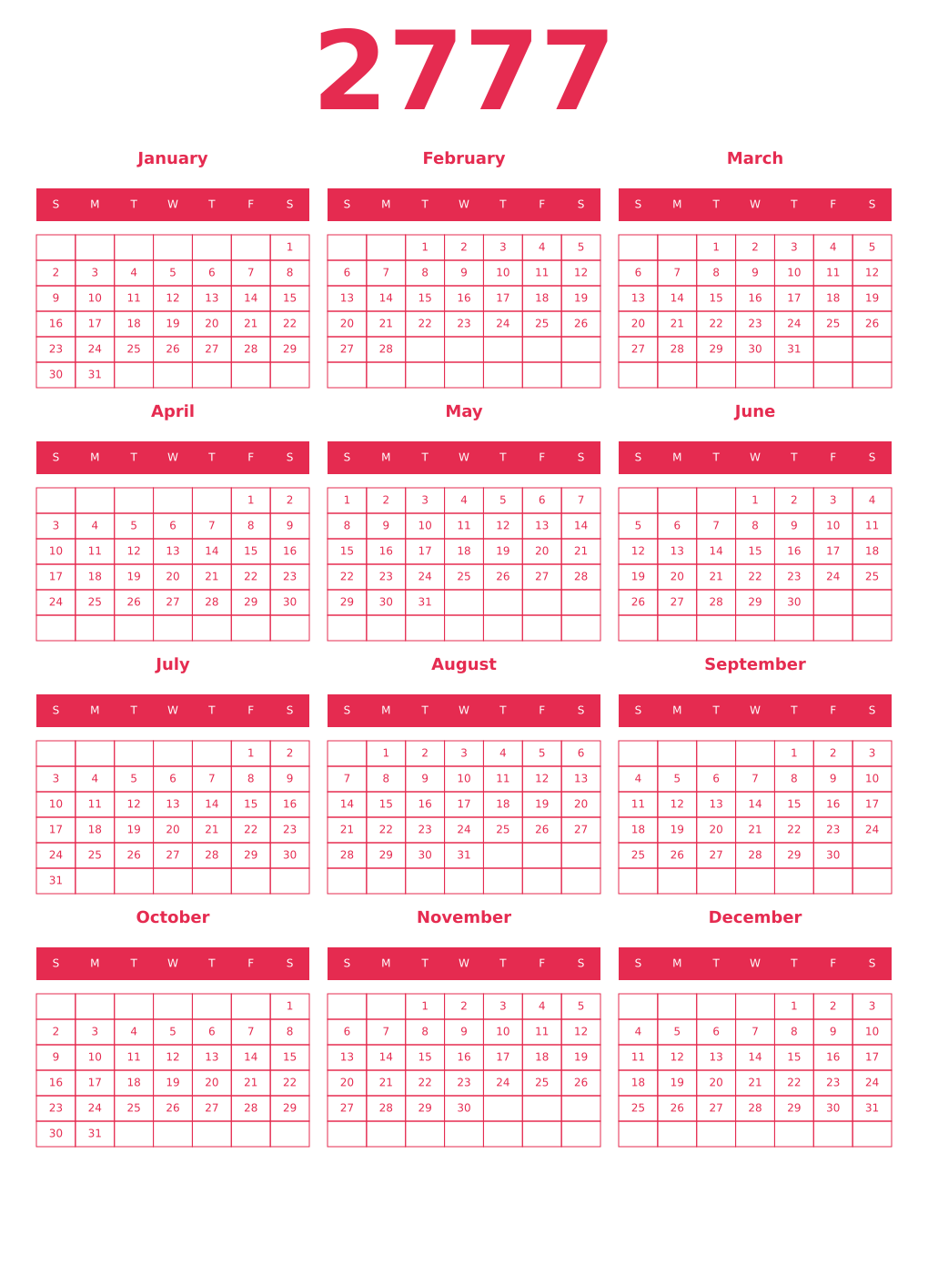 Printable 2777 Year Calendars amaranth