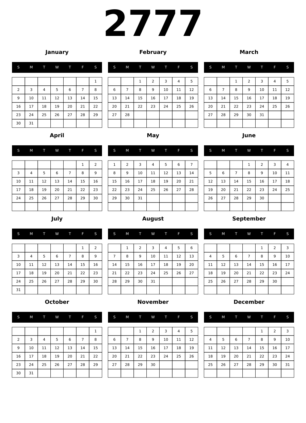 Printable 2777 Year Calendars black