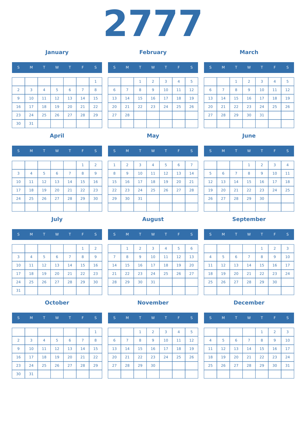 Printable 2777 Year Calendars blue