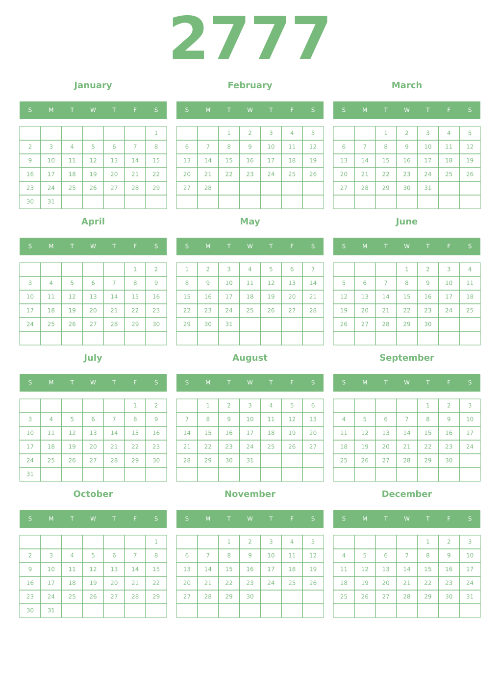 Printable 2777 Year Calendars celadon