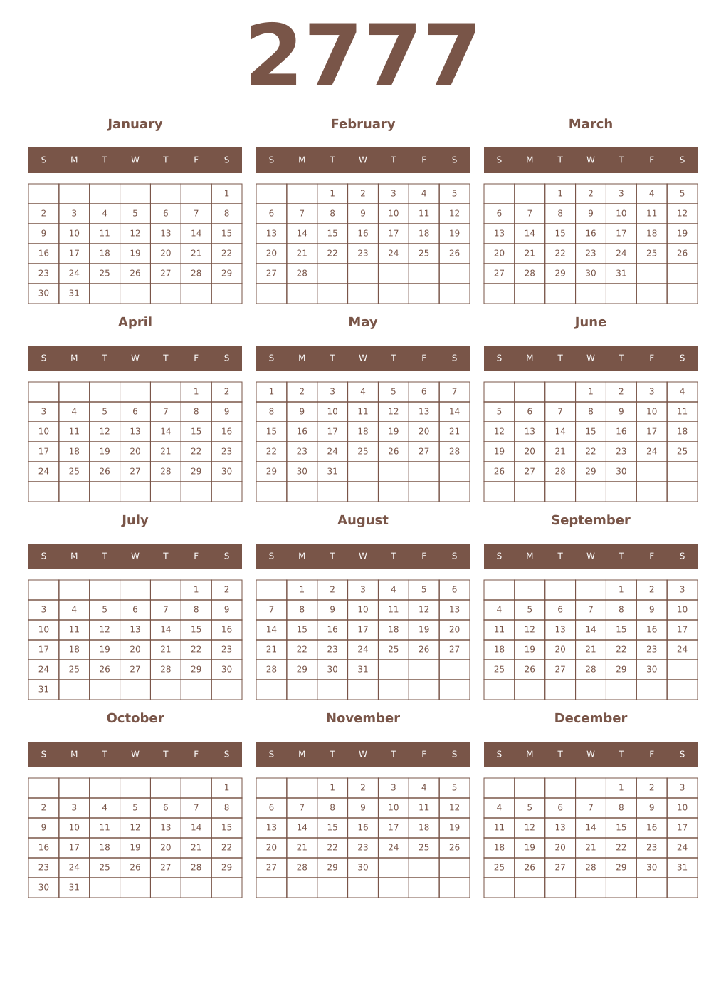 Printable 2777 Year Calendars coffe