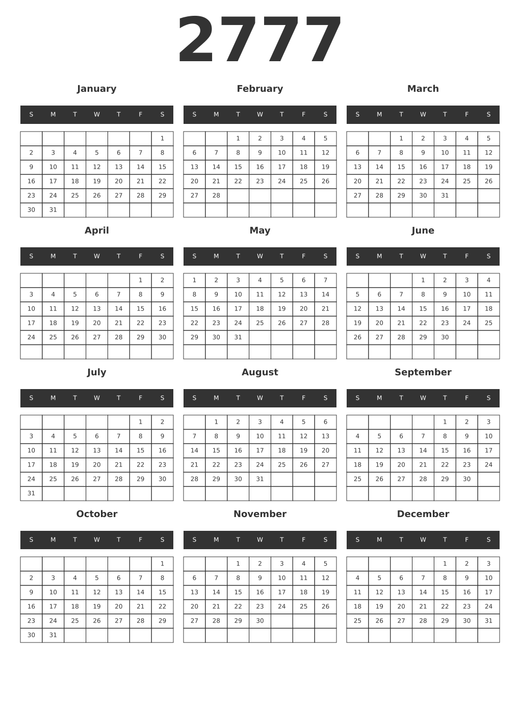 Printable 2777 Year Calendars dark