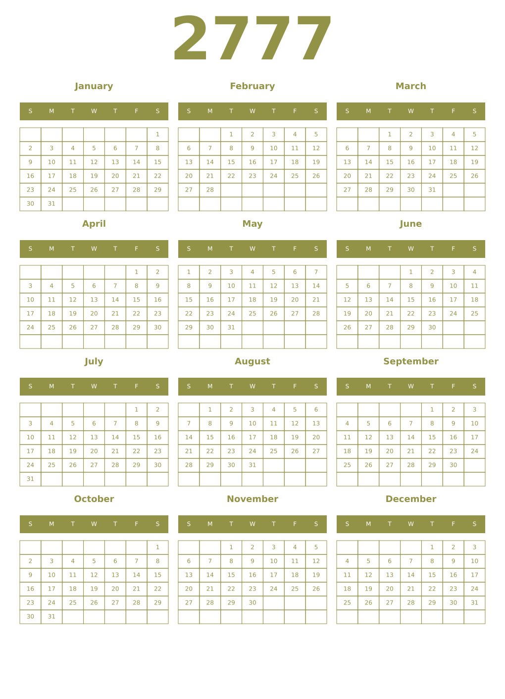 Printable 2777 Year Calendars eburnean
