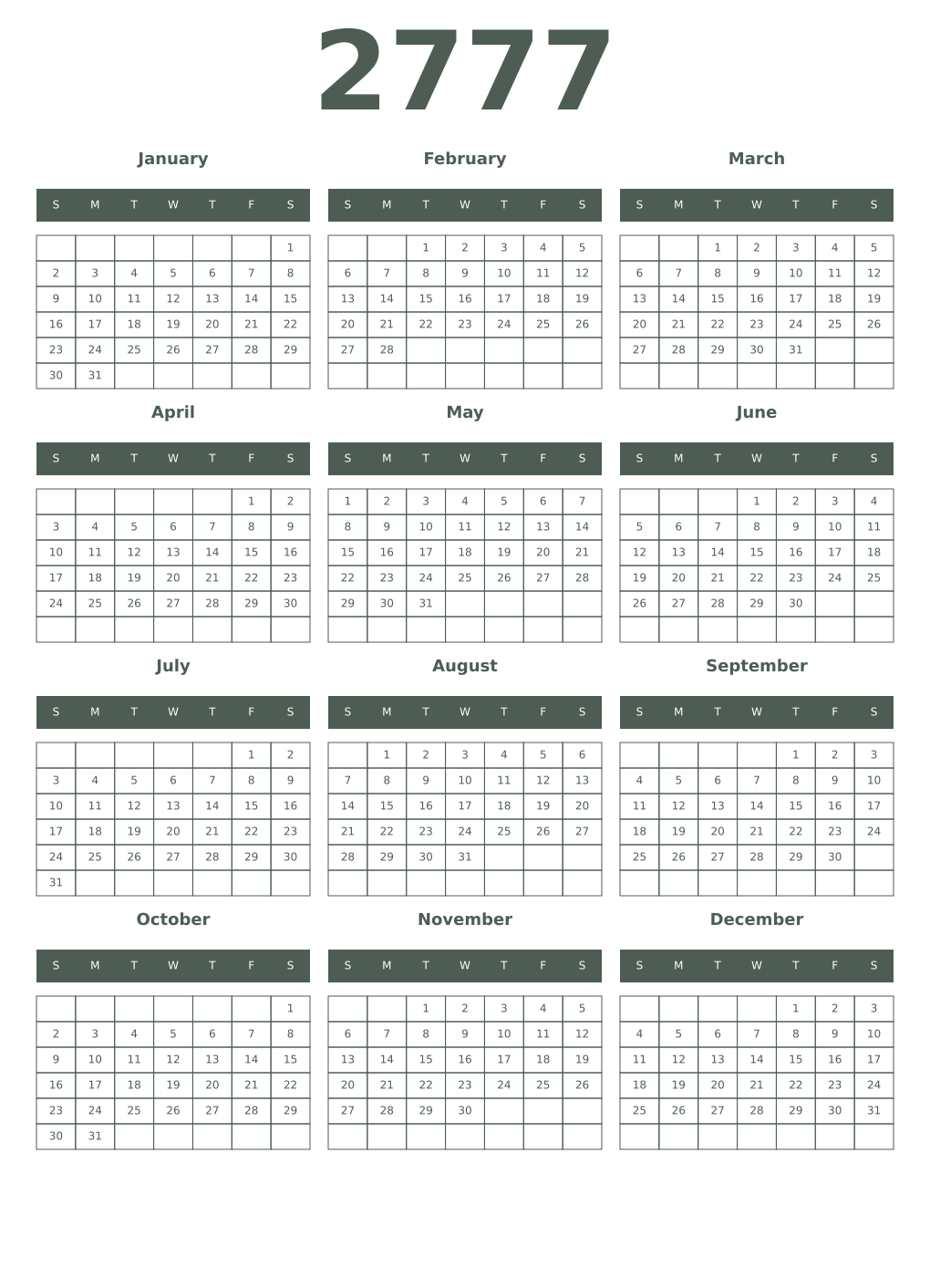 Printable 2777 Year Calendars feldgrau