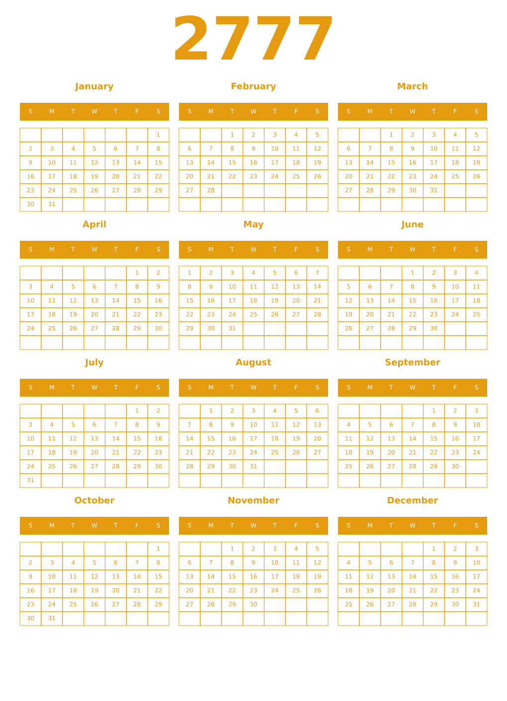 Printable 2777 Year Calendars gamboge