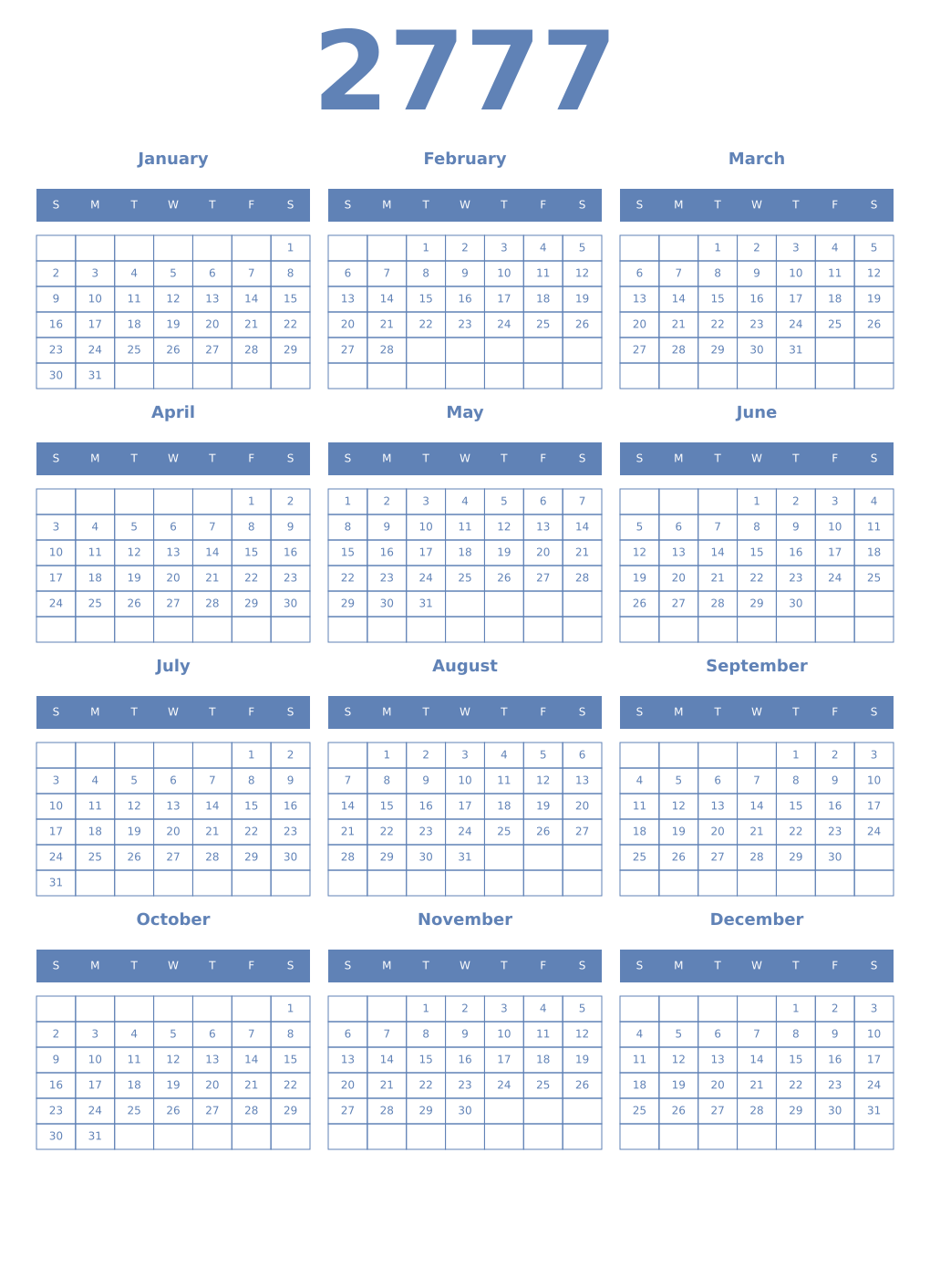 Printable 2777 Year Calendars glaucous