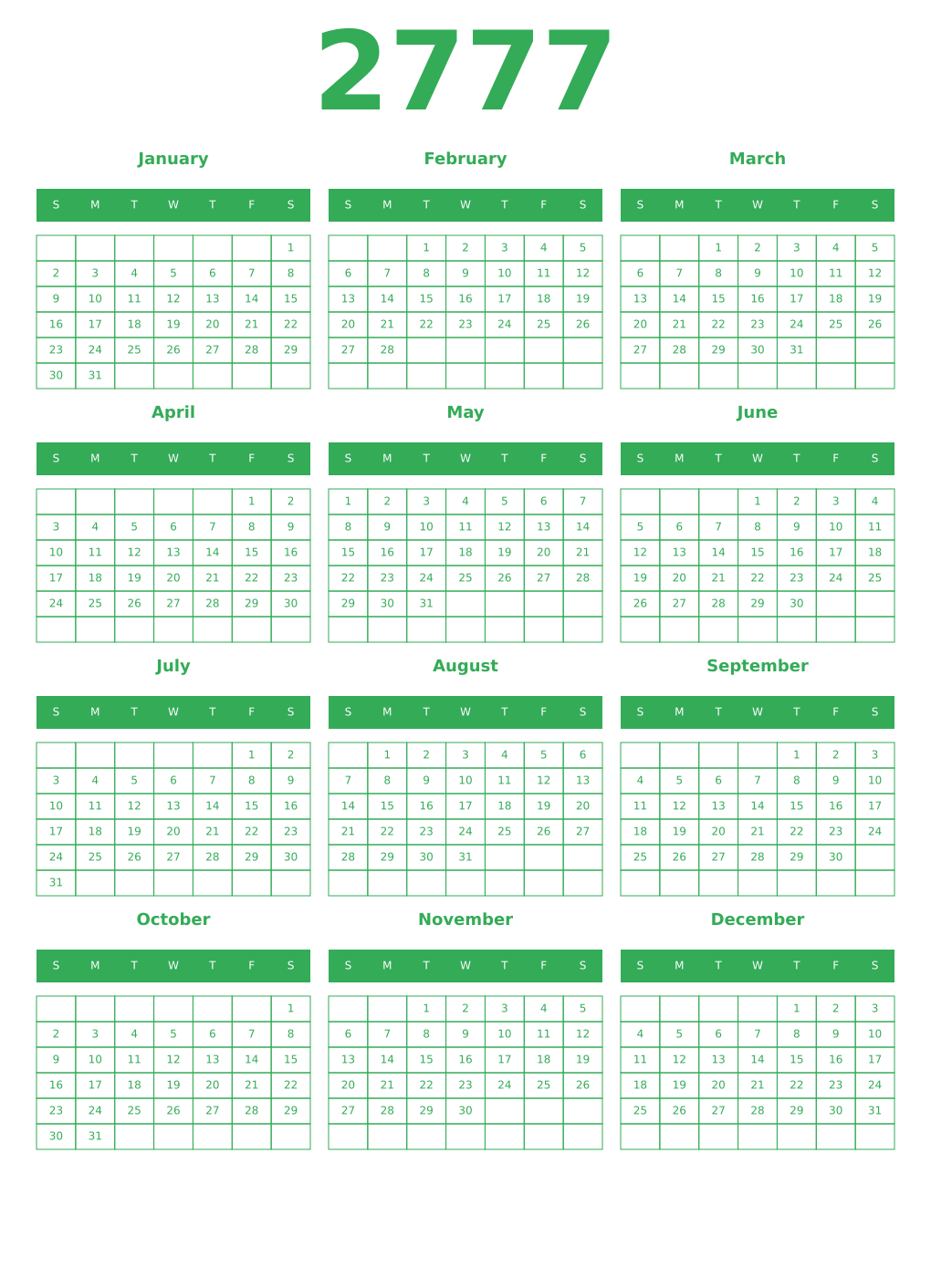Printable 2777 Year Calendars green