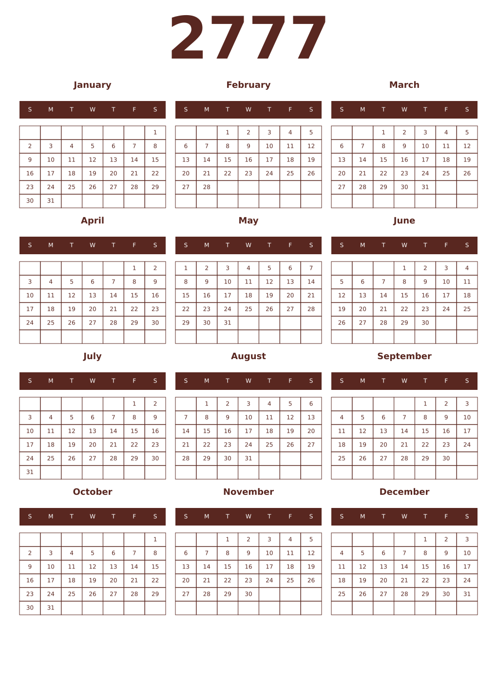 Printable 2777 Year Calendars mortuum