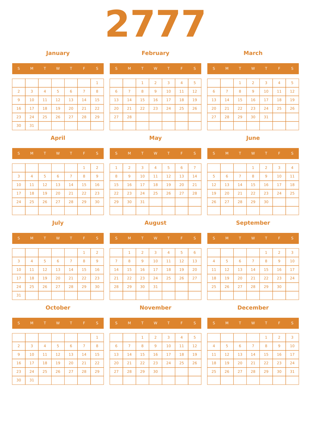 Printable 2777 Year Calendars orange