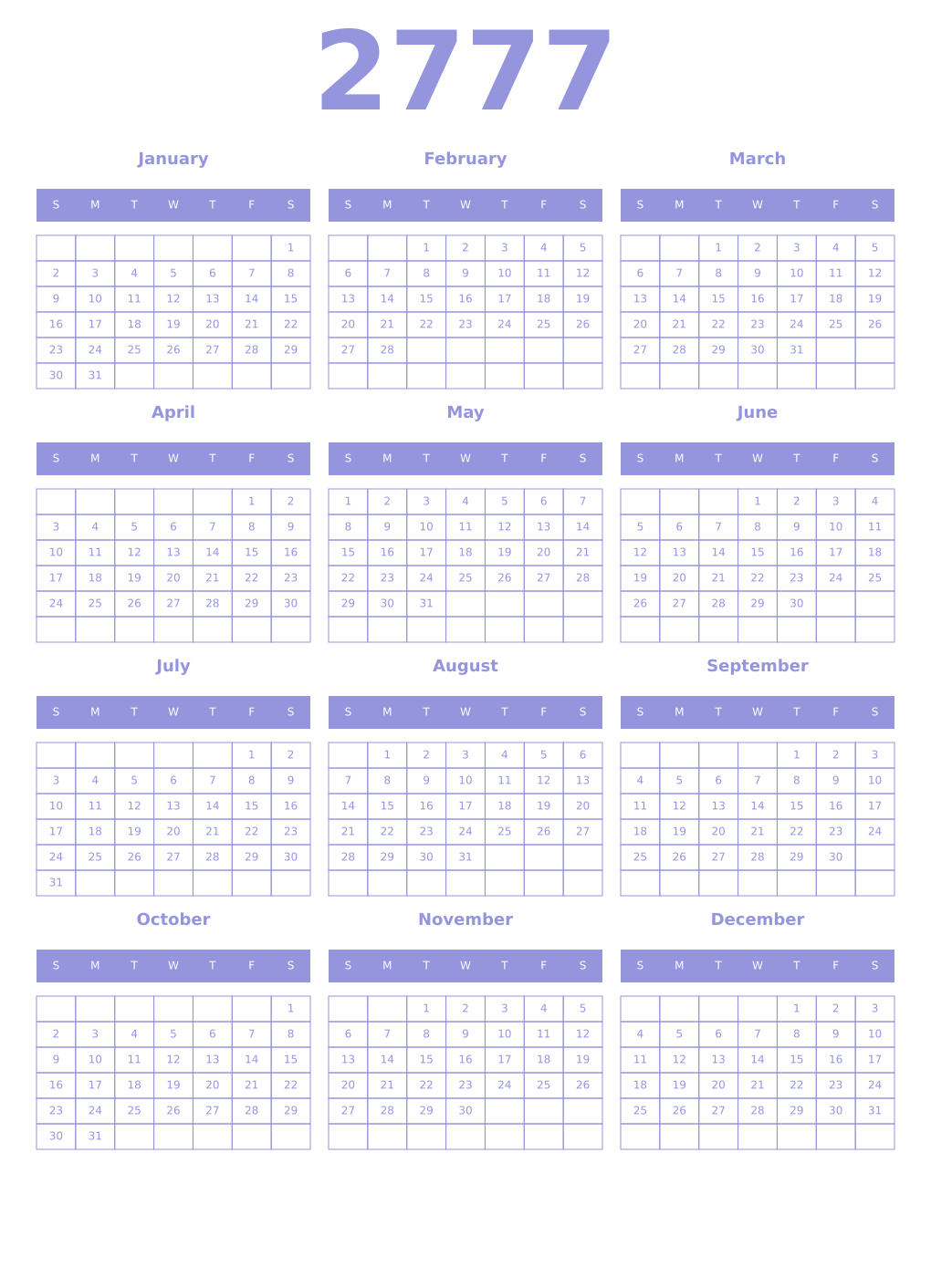 Printable 2777 Year Calendars periwinkle
