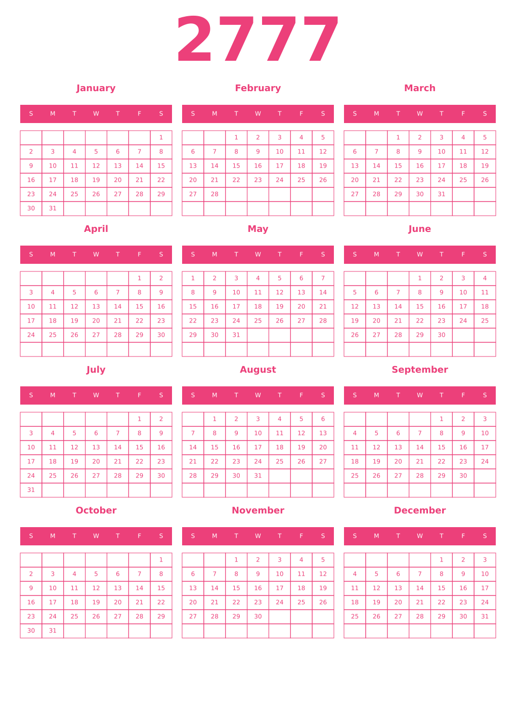Printable 2777 Year Calendars pink