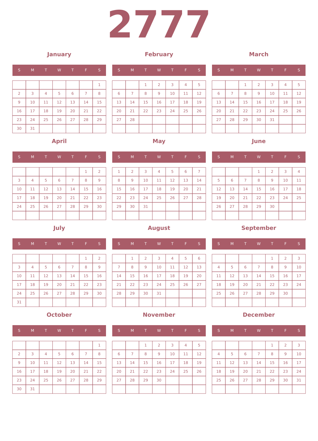 Printable 2777 Year Calendars puce