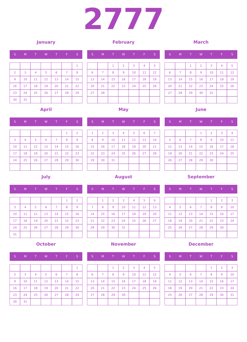 Printable 2777 Year Calendars purple