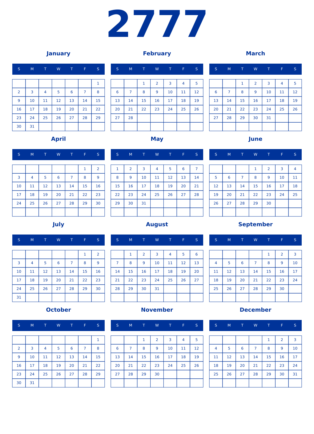Printable 2777 Year Calendars smalt