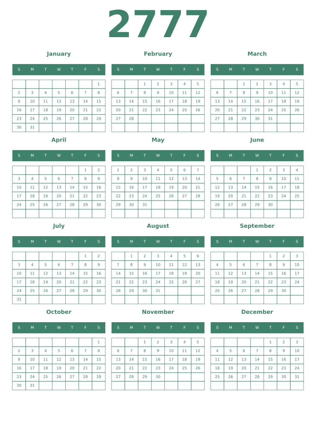 Printable 2777 Year Calendars viridian