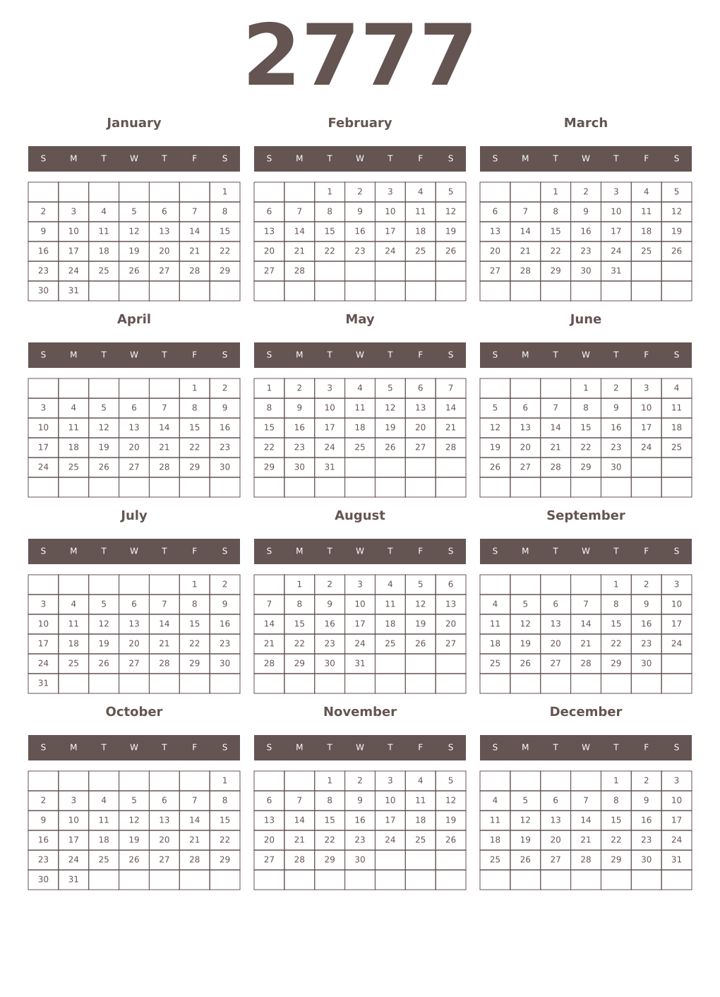 Printable 2777 Year Calendars wenge