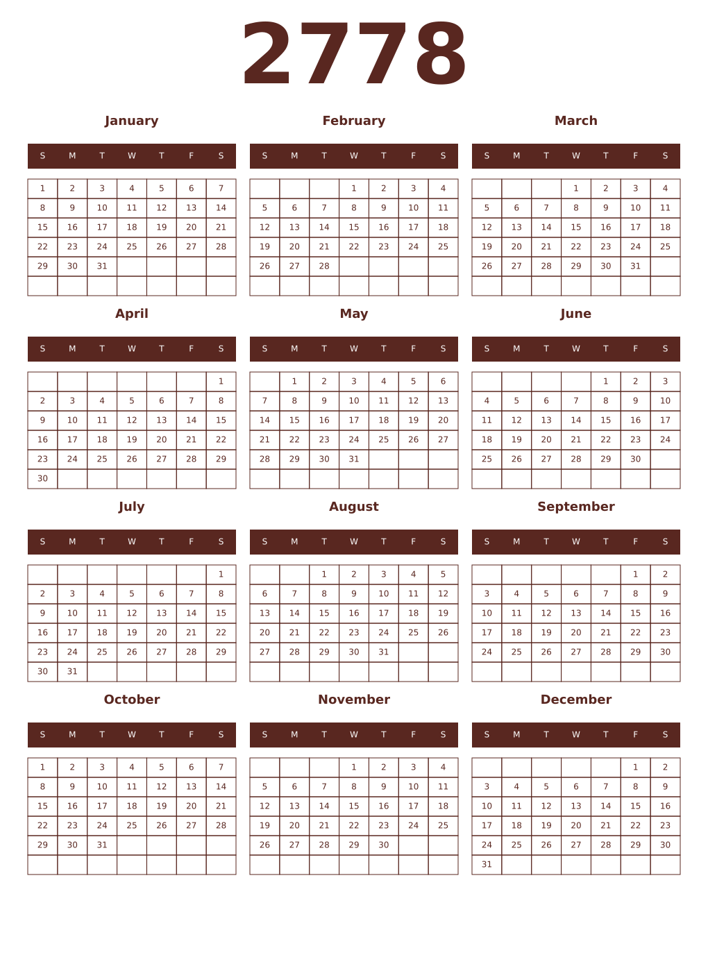 Printable 2778 Year Calendars mortuum
