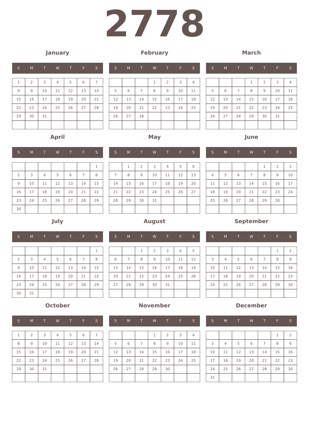 Printable 2778 Year Calendars wenge