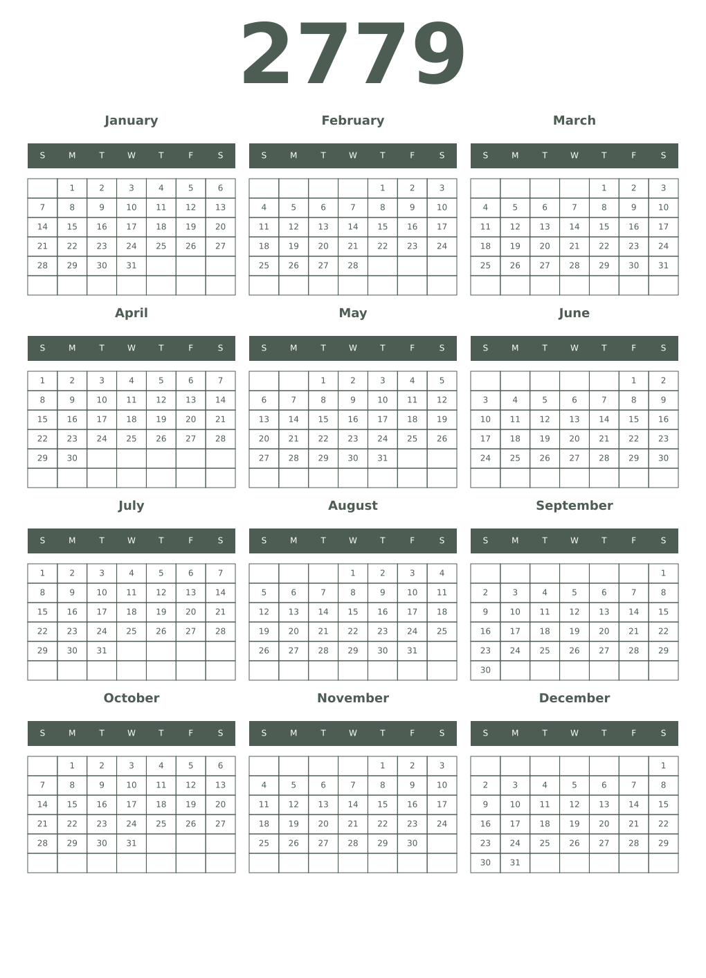 Printable 2779 Year Calendars feldgrau