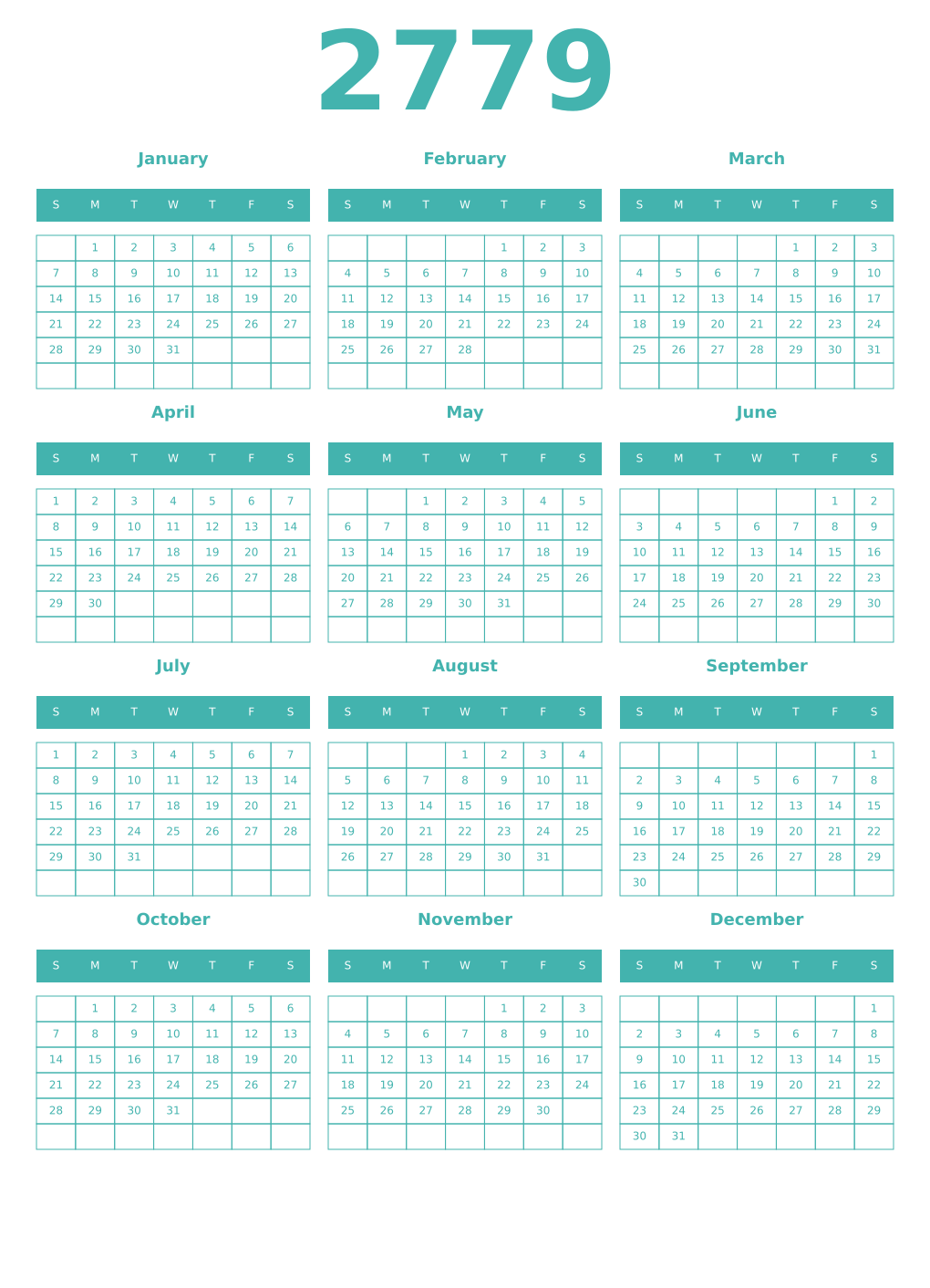 Printable 2779 Year Calendars verdigris