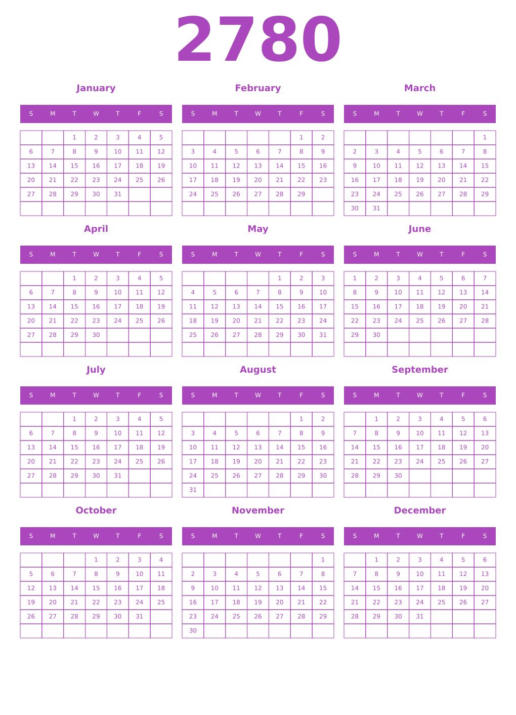 Printable 2780 Year Calendars purple