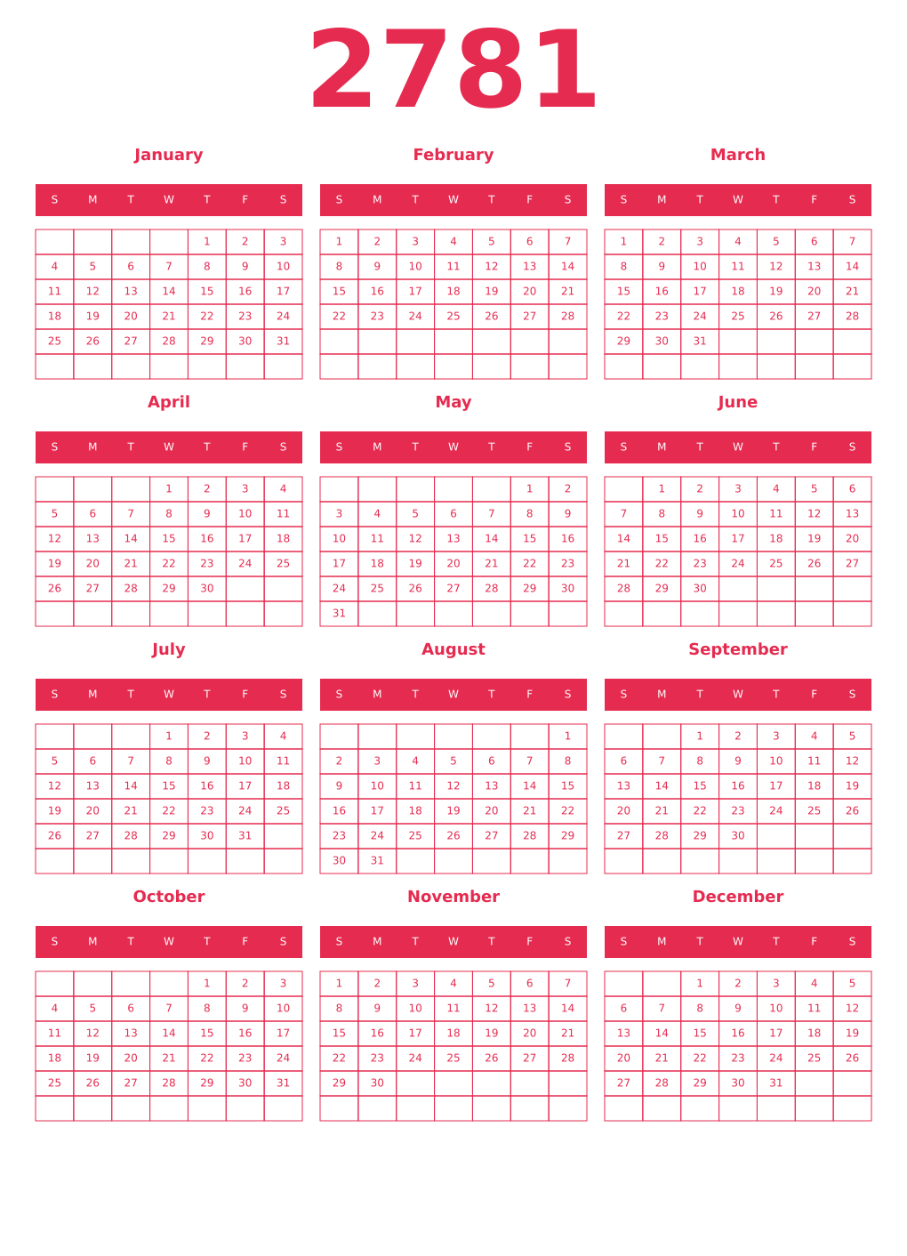 Printable 2781 Year Calendars amaranth