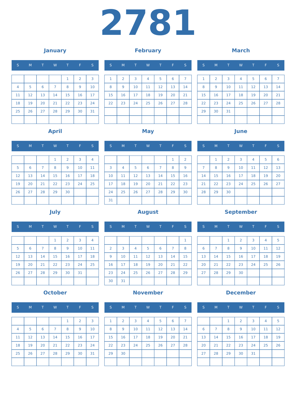 Printable 2781 Year Calendars blue