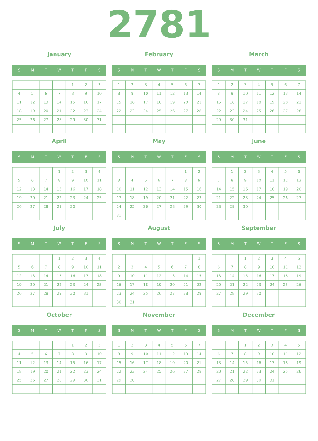 Printable 2781 Year Calendars celadon