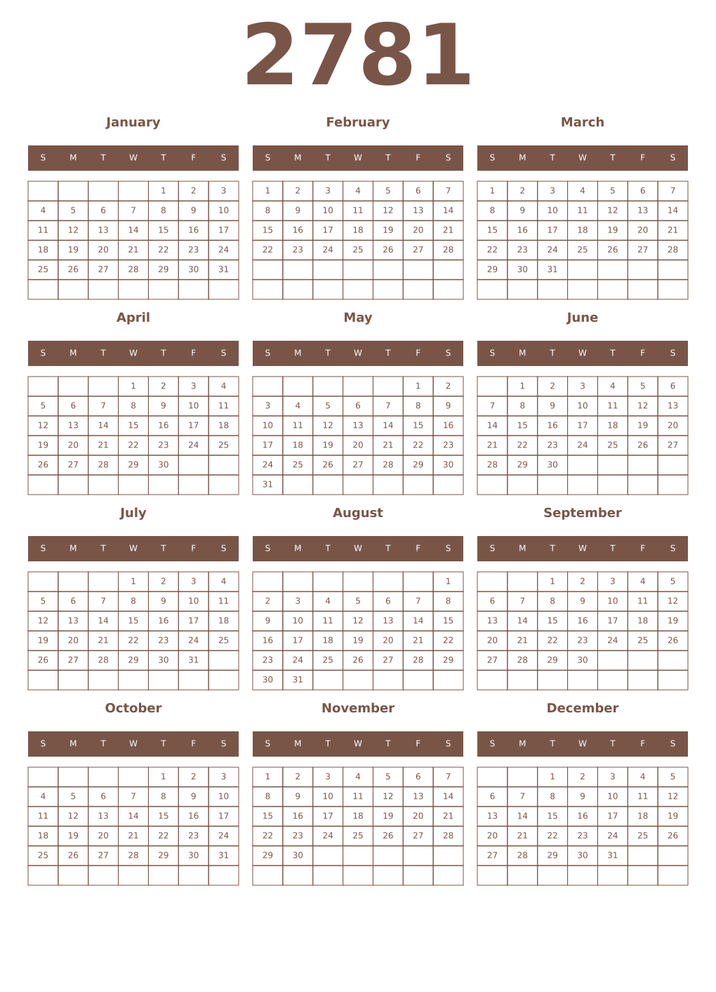 Printable 2781 Year Calendars coffe