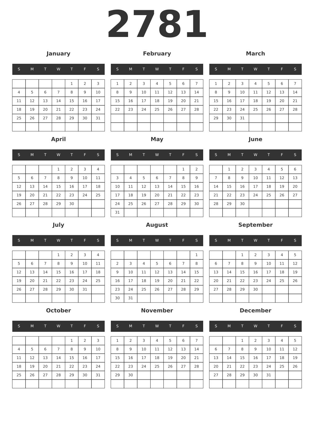 Printable 2781 Year Calendars dark
