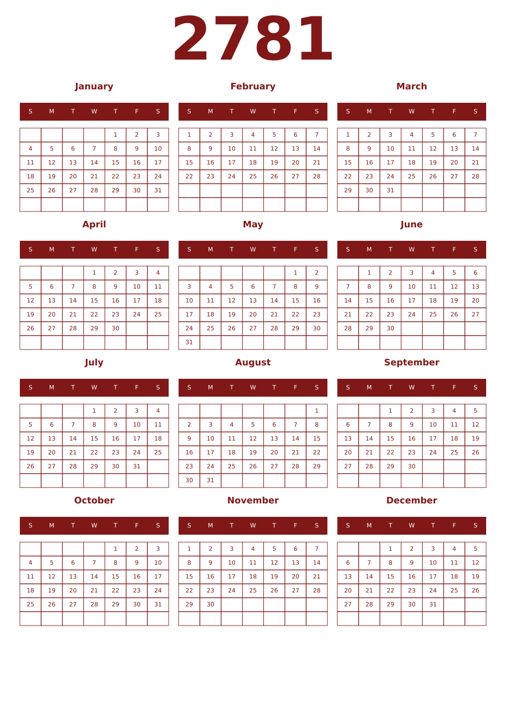 Printable 2781 Year Calendars falu