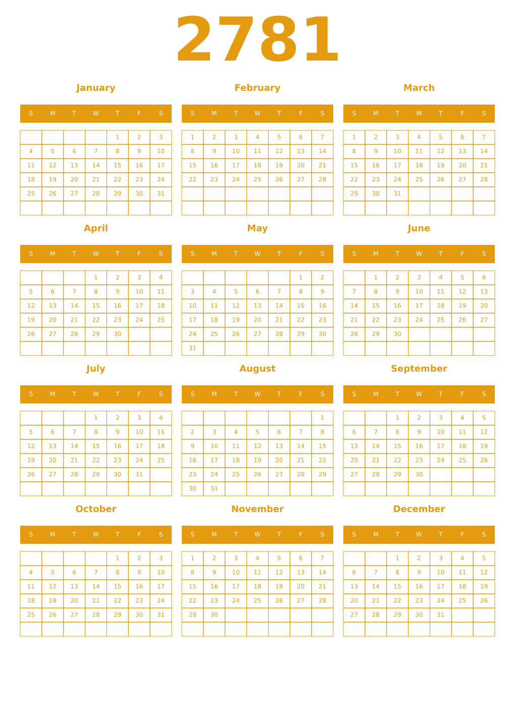 Printable 2781 Year Calendars gamboge