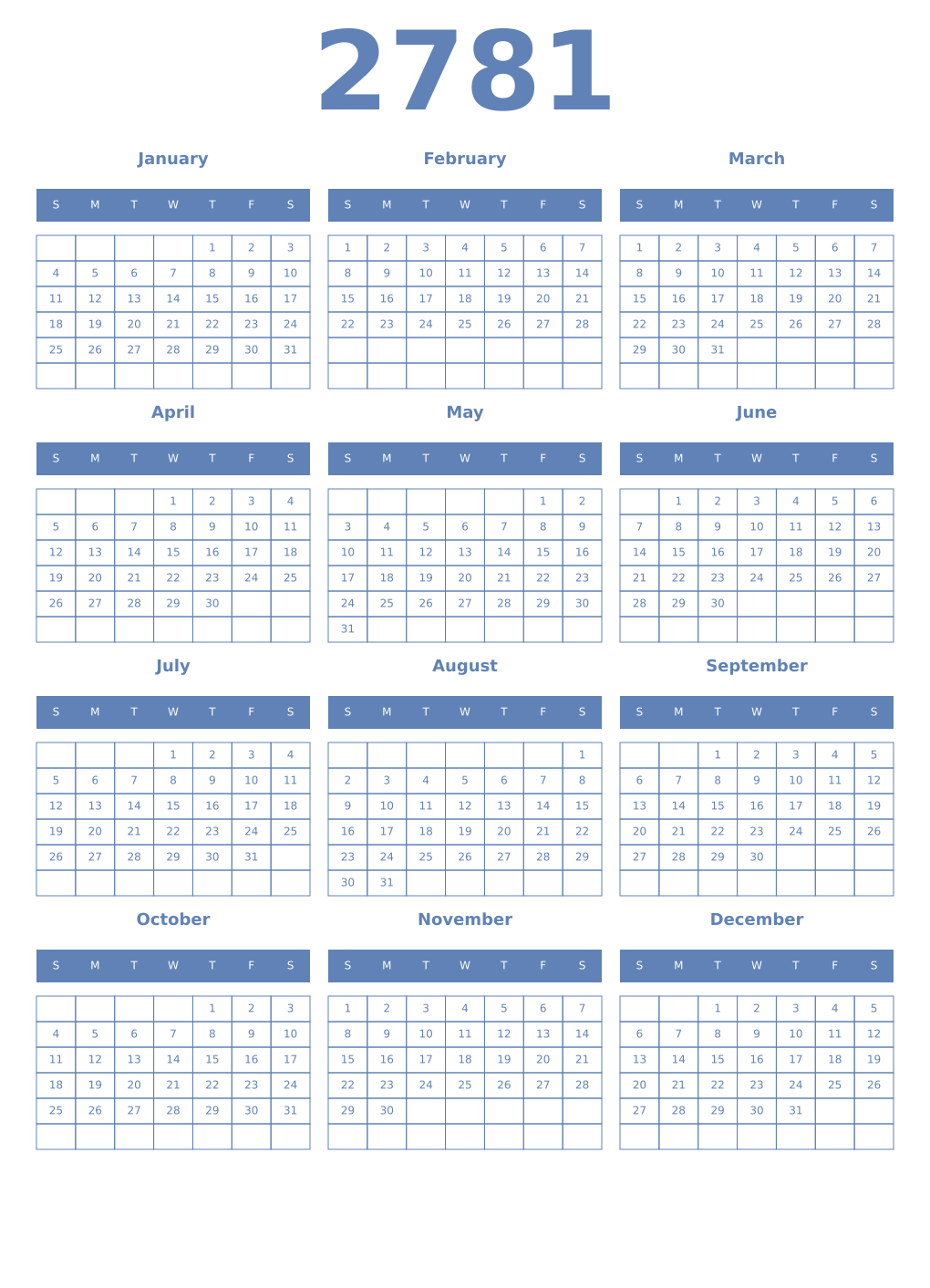 Printable 2781 Year Calendars glaucous