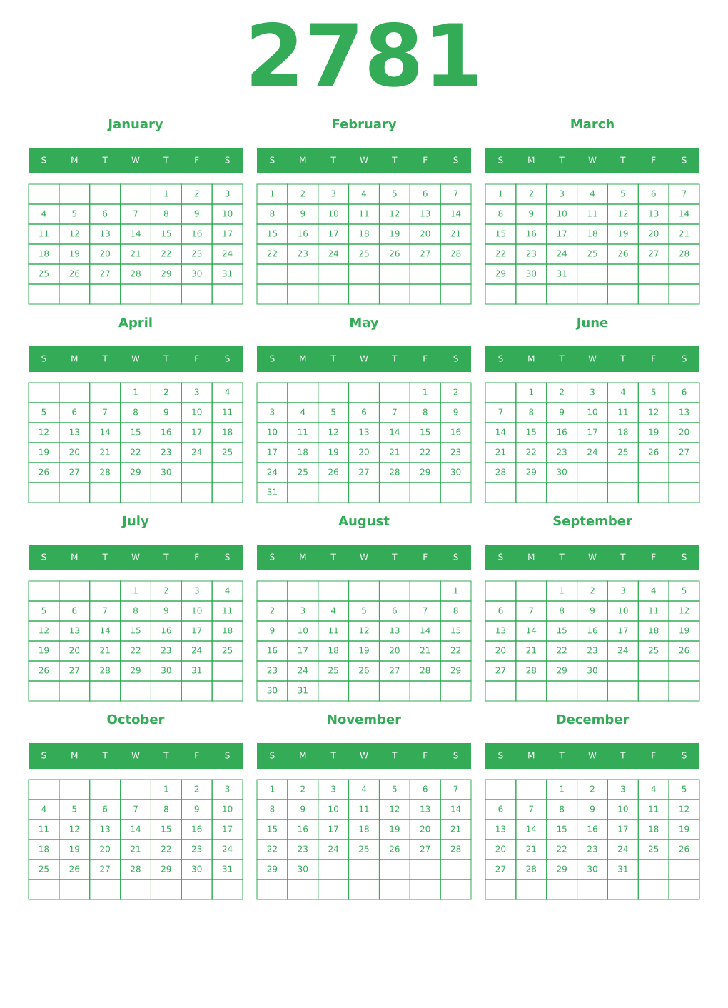 Printable 2781 Year Calendars green