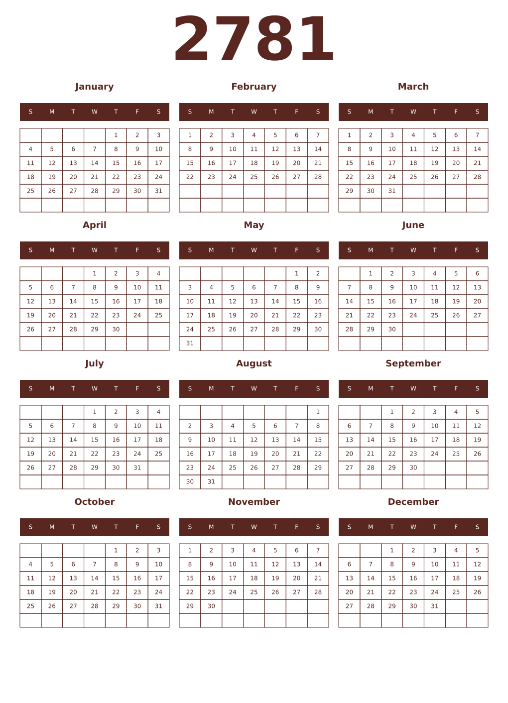 Printable 2781 Year Calendars mortuum