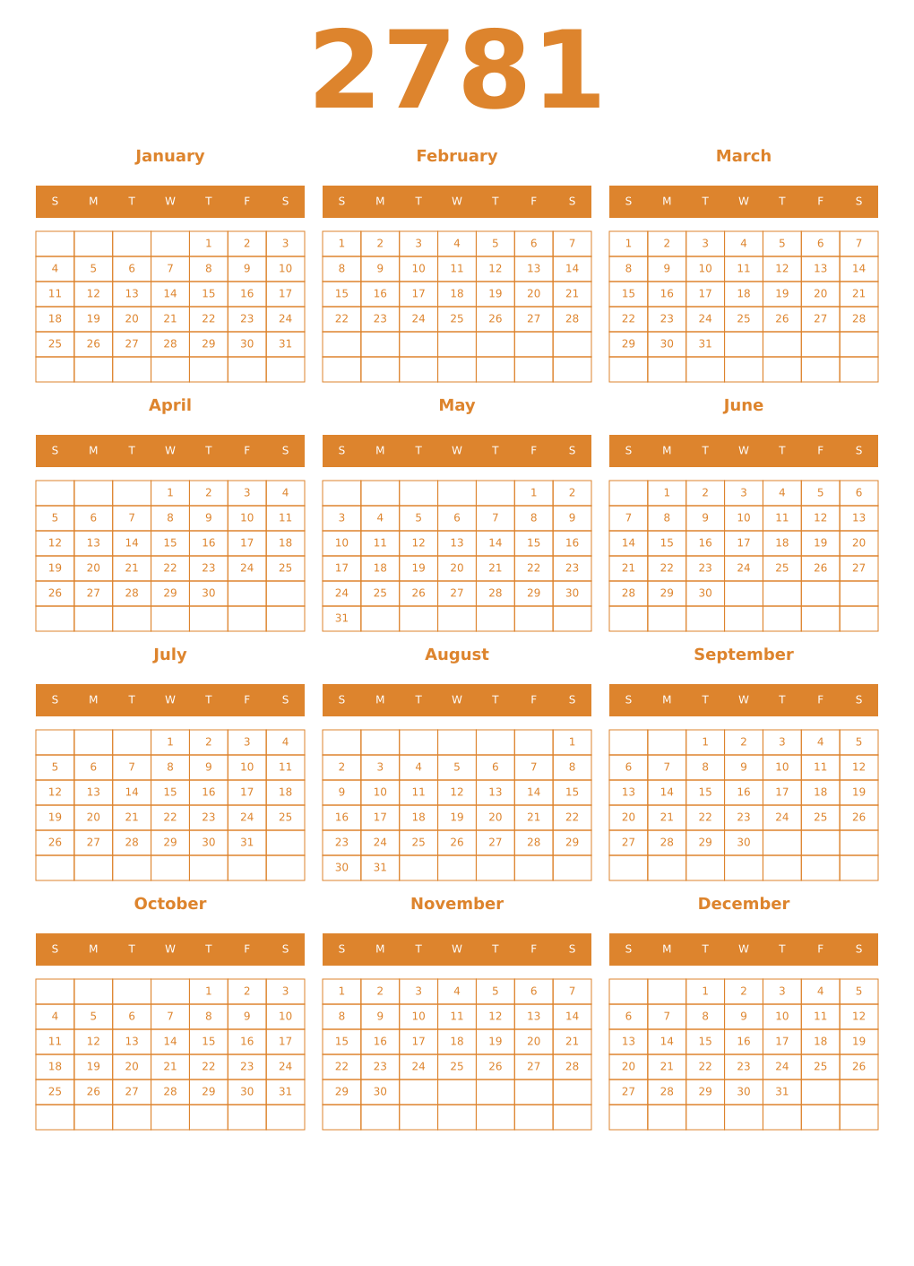 Printable 2781 Year Calendars orange